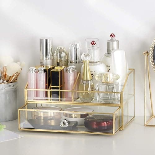 YUEHUA Glass Makeup Organizer, Clear Makeup Brush Organizer Jewelry Display Box, Gold Makeup Nail Polish Lipsticks Eyeliners Holder Organizer for Vanity Bathroom Office thumbnail 2