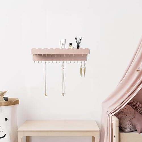 Lampaggio Wall Mount Jewelry Organizer with 28 Hooks and Cosmetics Shelf, Modern Wood Hanging Jewelry Holder for Necklaces, Bracelets, Earrings and Rings, Pink thumbnail 5