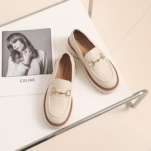 Beige Platform Loafers for Women Chunky Heel Lug Sole Loafers Slip ons Round Toe thumbnail 2
