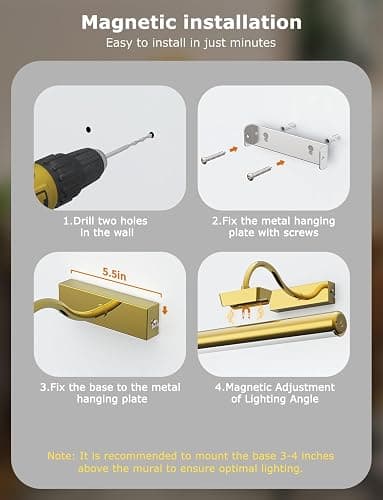 13" Aluminum Wireless Picture Lights for Wall, 5000mAh Rechargeable Battery Operated Wall Art Lighting, Dimmable 3-Color Gallery Painting Light for Pictures On Wall, with Remote/Timer [Gold, 2Pack] thumbnail 6