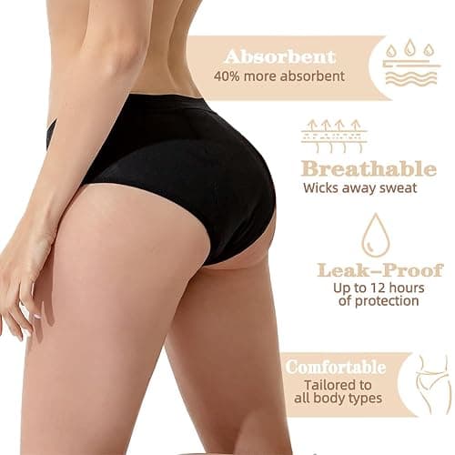 Bhyzdi Women's Period Panties with 4 Layers of Leakproof Protection Heavy Flow Mid Waist Menstrual Cotton Briefs 5 Pack thumbnail 3