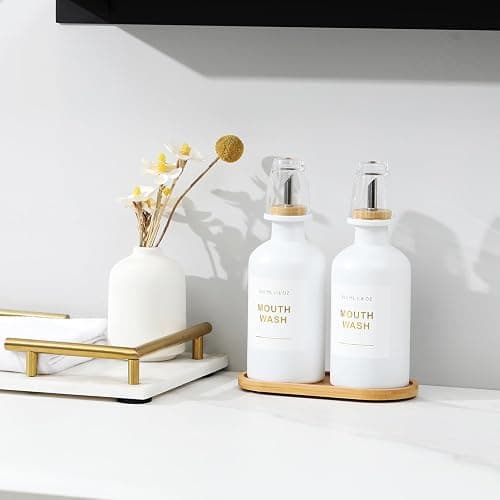 BONLONG 11.8OZ Mouthwash Dispenser for Bathroom with Bamboo & Stainless Steel Pour Spout, Mouthwash Cups Reusable, Bamboo Tray, and Elegant Gold Label. Set of 2（White thumbnail 8