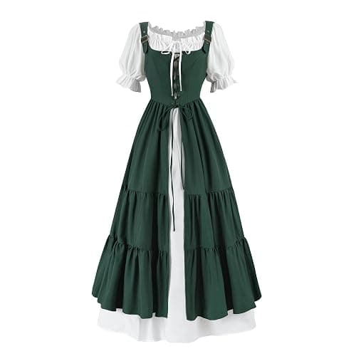 Nuoqi Renaissance Costume Women Medieval Peasant Dress Short Sleeve Chemise with Corset Overdress - Image 1