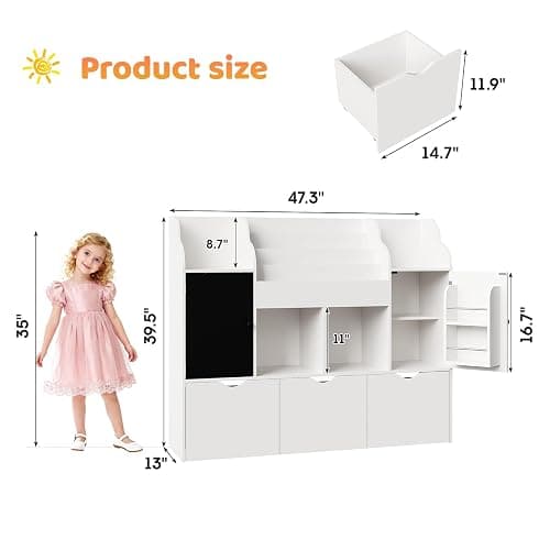 Vabches 47.3'' Kids Bookshelf with Chalkboard, Toy Storage Organizer, 3 Movable Drawers, Boys and Girls Toy Shelf, 4-Tier Children Bookcase for Playroom, Nursery, Bedroom,Living Room (White) thumbnail 2