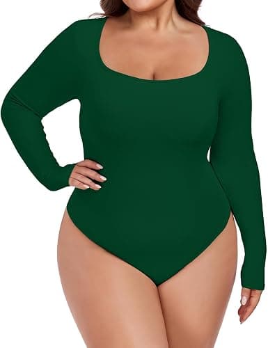 FOREYOND Plus Size Bodysuits for Women Long Sleeve Scoop Neck Bodysuit Sexy One Piece Body Suit Tops - Image 1