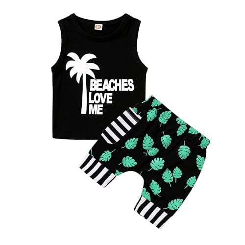YOUNGER TREE Toddler Baby boy summer clothes Beaches Love Me Sleeveless Vest Tops+Shorts Kid Casual outfits - 6-12 Months - Green - Image 1