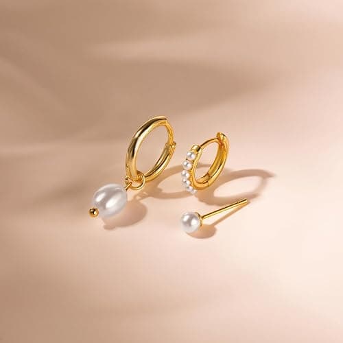 GUOKE 3 Pairs Small Hoop Earring Stacks, 14K Gold/Silver/Black/Rose Gold Plated Pearl Heart Butterfly Bow Star Moon Leaf CZ Hoop Charm Huggie Earrings Trendy Jewelry Gift for Women thumbnail 4
