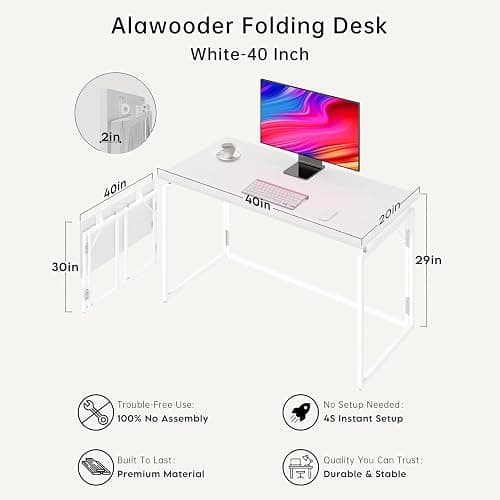 alawooder Folding Desk - 39.4” Wood Top Foldable Desk for Small Spaces | No Assembly Required Compact Desk for Home Office, Writing, and Study thumbnail 3