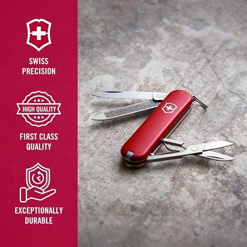 Victorinox Classic SD Swiss Army Knife, Compact, 7 Functions, Swiss Made Pocket Knife with Small Blade, Screwdriver and Key Ring - Style Icon (Red) | Swiss made compact multi-tool with scissors, nail file, tweezers, and toothpick. Durable iconic stainless steel construction thumbnail 6