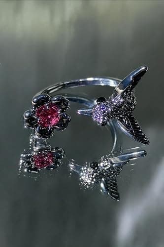 Hummingbird Ring For Women, Silver Vintage Bird Boho Western Adjustable Flower Wrap Ring Cute Animal Jewelry Black Stone Statement Jewelry Gift thumbnail 8