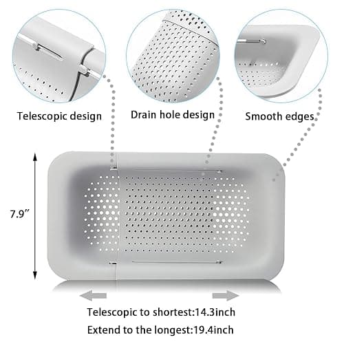 Collapsible Sink Colanders and Strainers Basket Over the Sink Colander Collapsible Colander Extendable Plastic Fruit Vegetable Strainer Drainer Basket for Kitchen (Length 14.3 inch-19.4 inch) (White) thumbnail 4