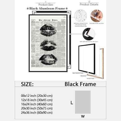 Trendy lips Wall Art Vintage Black And White Newspaper Kiss Posters Retro Canvas Prints Art Funky Girly preppy Apartment for y2k Room Decor Aesthetic 12x18inch black framed thumbnail 2