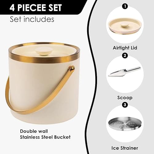 3L beige white Double Wall Insulated Stainless Steel Ice Bucket with scoop for Cocktail Bar,Metal Ice Bucket for freezer with Lid for parties.ice Container to Keep Ice Colder,bar cart accessories thumbnail 4