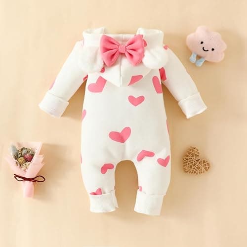 Carolilly Baby Girls Romper Winter Warm Infant Baby Jumpsuit Romper Bear Ear Snowsuit Newborn Hooded Romper Warm Coat Heart/Cow Pattern Long Sleeve Zipper Button Romper thumbnail 4