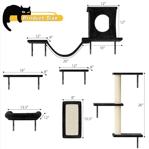 NUNU LAB Wall Mounted Cat Climber Set, 6 Pcs Cat Furniture Set with House, Bridge, Steps, Scratcher Board and Hammock, Shelves for Indoor, Luxury Walls Furniture(Black) thumbnail 6