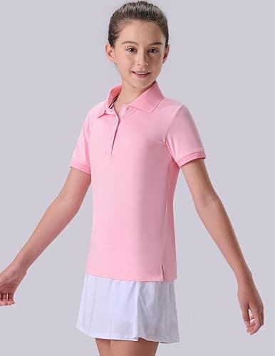 3 Pack Youth Girls' Performance Polo Shirts, Short Sleeve Pique Collared Kids School Uniform Tops - Pink/Black/White - Large thumbnail 4