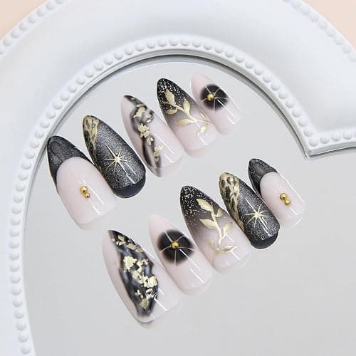 MouyouGlow Press on Nails Kurz,Almond Schwarz Glitzer French 3D Gold Sterne Blumen Floral Design Mandel Y2k Fake Nails,Black Tips Star Bling INS Sweet Künstliche Fingernägel thumbnail 4