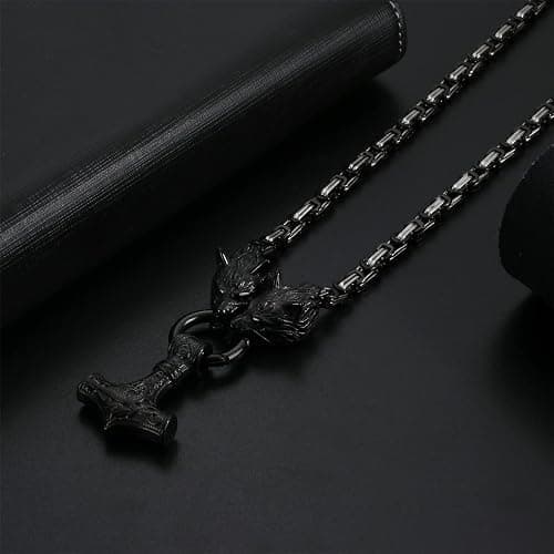 OIDEA Viking Mjolnir Necklace for Men with Wolf Head King Chain, Stainless Steel Viking Amulet Thors Hammer Necklace Pendant Norse Pagan Jewelry thumbnail 3