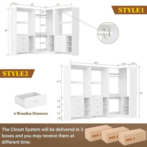 Aheaplus Closet System with 6 Drawers, 4 Hanging Rods & Corner Tower, Corner Closet System with Hanging, 92.6" L-Shaped Walk-In Wardrobe Organizer, 2000+ lbs Capacity, Set of 3, White thumbnail 3