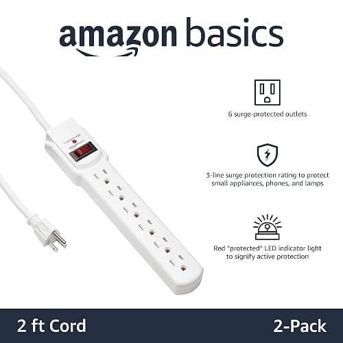 Amazon Basics Surge Protector Power Strip, 6-Outlet with 200J Protection, 2ft Extension Cord, Rectangle, White (2 Pack) - White - 2-feet thumbnail 2