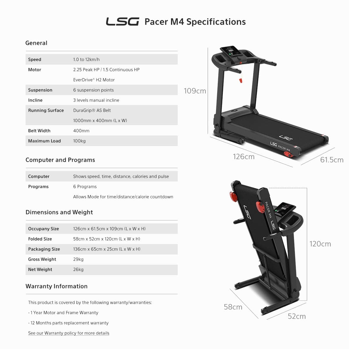 LSG Pacer M4 Treadmill with 12km/h Max Speed, 6 Preset Programs, 1.5CHP EverDrive® H2 Motor, DuraGrip® Running Belt, ShockControl Cushioning, 3 Manual Incline Levels & HydraAssist Soft Drop Folding thumbnail 9