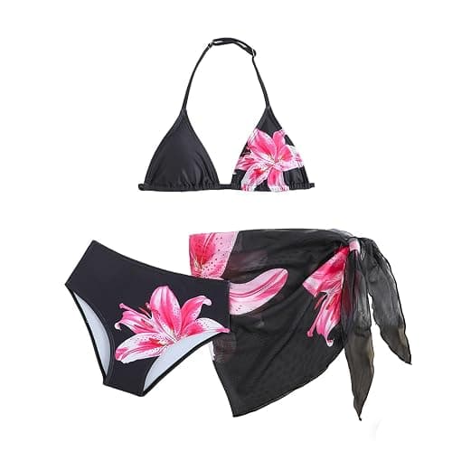 Bikini Set Mädchen 3 Teiliges Blumenmuster Badeanzug Push Up Neckholder Bademode Sommer Badebekleidung mit Rock - Image 1