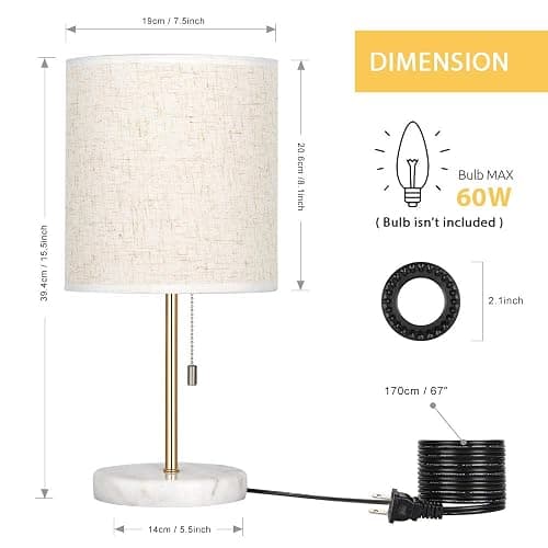HAITRAL Bedside Table Lamp - Small Nightstand Lamp with Marble Base, Lamp for Bedroom, Office, Girls Room - Gold | Gold Table Lamp Chain Switch for Bedroom, Office, Livingroom thumbnail 5