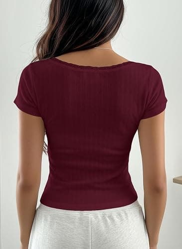 AKLOPVII Women Y2K Short Sleeve Button Up Lace Patchwork Crop Tshirt Tops Slim Fit Scoop Neck Henley Summer Girl Tee thumbnail 3