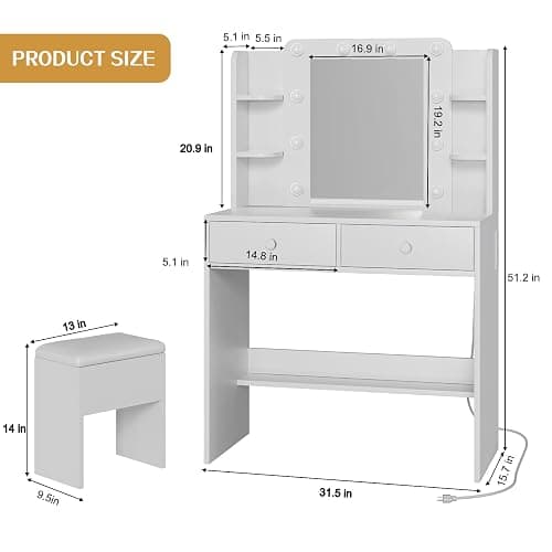 FUXA Makeup Vanity Desk with LED Mirror and Charging Station, Vanity Table Set with Storage Drawers, Shelves and Chair, Dressing Table with 3 Lighting Modes for Bedroom, White thumbnail 2
