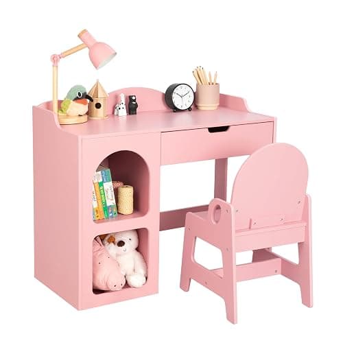 OOOK Kids Study Table and Chair Set, Wooden Kids Desk and Chair Set, Toddler Art Desk with Storage, Children Writing Table for 5-12 Years Old, Home School Use, Pink - Image 1