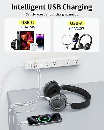 10 Ft Power Strip Surge Protector - 7 Outlets 4 USB Ports (2 USB C), Ultra Thin Flat Extension Cord & Flat Plug, 1700 Joules, Wall Mount, Desk Charging Station for Home Office Dorm, White thumbnail 4
