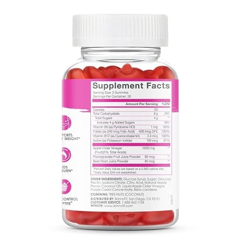 SkinnyFit Skinny Gummies Apple Cider Vinegar Gummies w/ The Mother, Healthy Weight, Immune Support, Vitamin B9, B12, Beetroot, Pomegranate, Vegan-Friendly, 60 Count thumbnail 3
