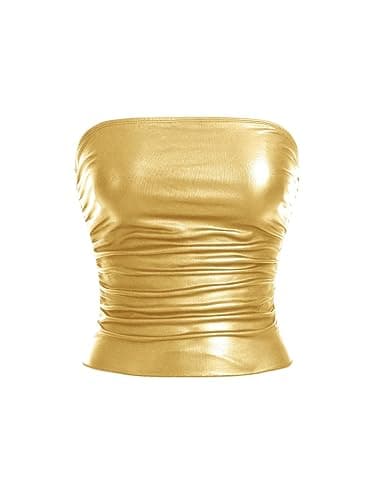 MakeMeChic Women's Gold Tops Leather Tube Tops Fall Club Fitted Shirts | Gold Tube Tops, Concert Outfits, Strapless Crop Tops for Women, Going Out, Fall, Gothic - Image 1