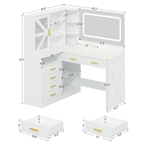 White L-Shaped Corner Vanity Desk with LED Lighted Mirror & Storage Shelves | Makeup Vanity with Charging Station & Sliding RGB Cabinet, Large Farmhouse Dressing Table with 6 Drawers for Women thumbnail 2