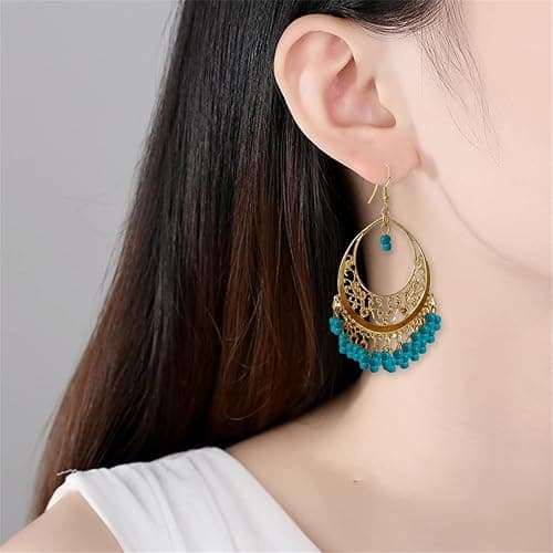 KVANU Handmade Creative Colorful Bohemian Chandelier Teardrop Bead Dangle Drop Earrings Ethnic Gypsy Beads Tassel Hoops Earrings for Women thumbnail 5