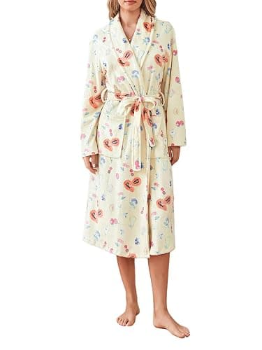 TIKITIDES Women Fleece Floral Fruit Print Bathrobe Christmas Robe Soft Flannel Lounge Robe Cute Lightweight Gown with Belt - Image 1