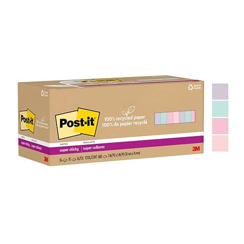 Post-it 100% Recycled Paper Super Sticky Notes, 3 in. x 3 in., 24 Pads, 70 Sheets per Pad, Wanderlust Pastels, School Supplies and Office Products thumbnail 13