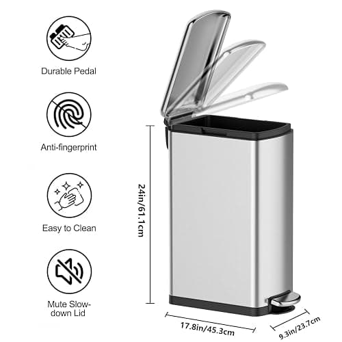 Garvee 8-Gallon (30l) Slim Stainless Steel Trash Bin with Inner Bucket, Narrow Step-on Garbage Can with Soft-Close Lid – Ideal for Kitchen, Bathroom, or Office, Silver thumbnail 2