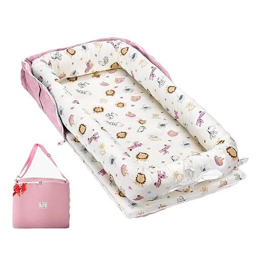 Loevin Baby Lounger for Newborns & Infants 0–24 Months, 100% Cotton Breathable Infant Support Cushion with Adjustable Size, Portable Baby Nest for Home and Travel, Baby Shower Gift (Animal World Pink) - Image 1
