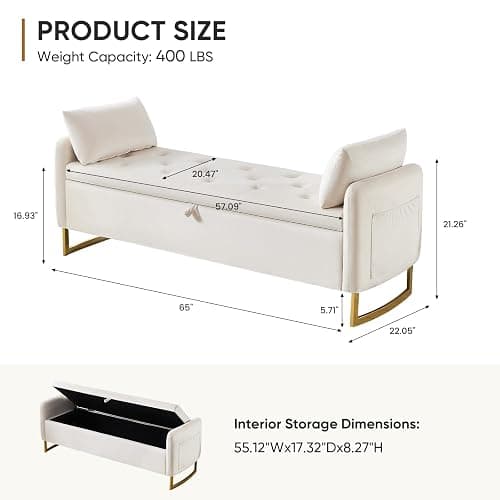 HOMYKA 65" Storage Ottoman Bench, Velvet Storage Bench for Bedroom, End of Bed Storage Bench with Tufted Upholstered and Gold Legs, Bedroom Benches with Arms for Living Room Window and Entryway Beige thumbnail 2