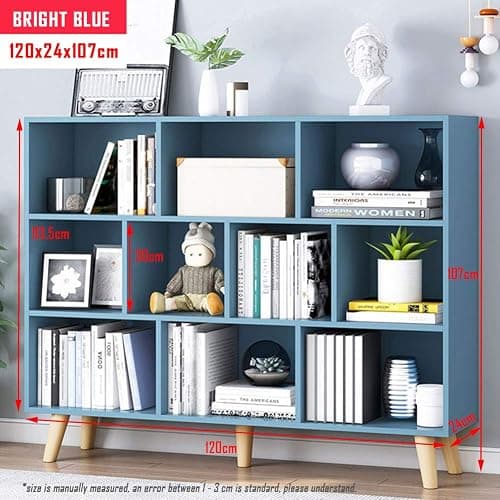 IOTXY Wooden Open Shelf Bookcase - 3-Tier Floor Standing Display Cabinet Rack with Legs, 10 Cubes Bookshelf, Bright Blue thumbnail 2