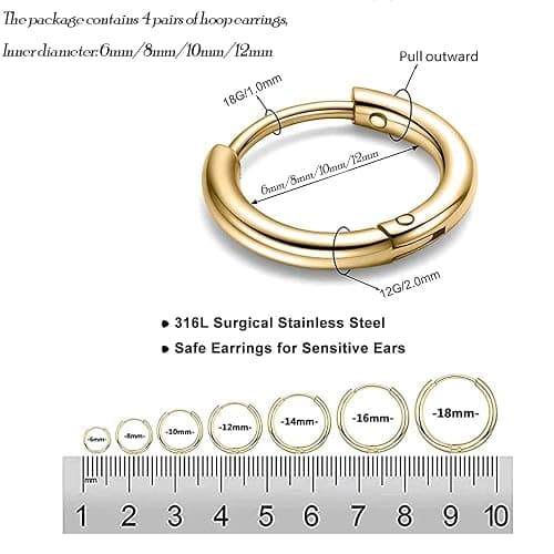 316L Surgical Stainless Steel Huggie Hoop Earrings 6mm 8mm 10mm 11mm 12mm 14mm Hypoallergenic Earrings Hoop Cartilage Helix Lobes Hinged Sleeper Earrings For Men Women thumbnail 2