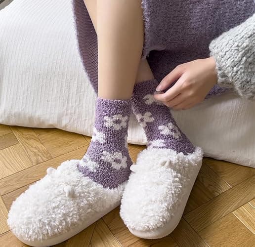 Kelabia 5 Pair Cute Floral Fuzzy Socks, Women Fluffy Slippers, Cottagecore Winter Thick Cozy Vintage Long Socks thumbnail 7