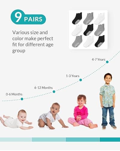 Infinno Baby Non Slip Ankle Socks 9 Pairs - Toddler Socks with Grips for Kids, Infants Boys and Girls 6-24 Months, 1T-7T thumbnail 6