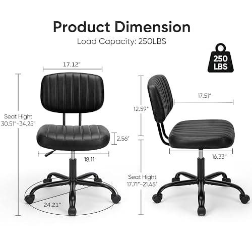 DUMOS Armless Office Desk Chair, Small Height Adjustable Computer Task Chair with Low Back Lumbar Support and 360° Swivel Rolling Wheels for Small Space, Kids and Adults, Dark Black thumbnail 2