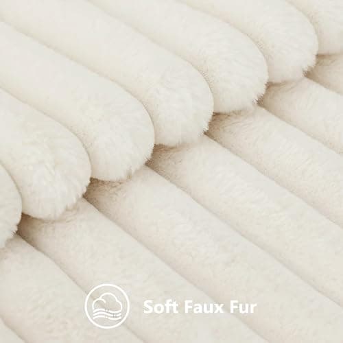 decorUhome Faux Fur Christmas Throw Pillow Covers 18x18 Set of 2, Decorative Soft Plush Striped Neutral Couch Euro Pillow Covers with Velvet Back for Sofa, Bed, Living Room Home Decor, Cream White thumbnail 2