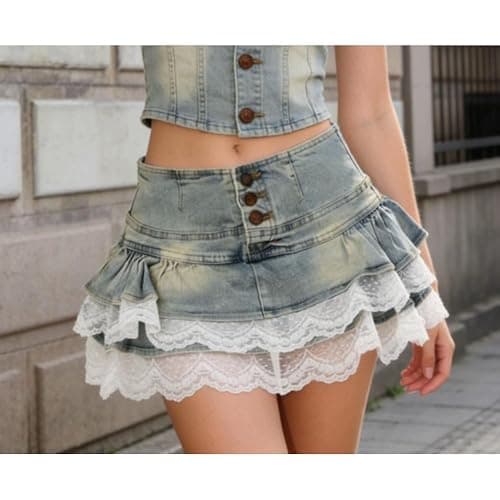 Preppy Lolita Kawaii Skirts Sweet Mini Women Cute Ball Gown Denim Skirt Y2K High Waist Lace Cake Skirts thumbnail 3