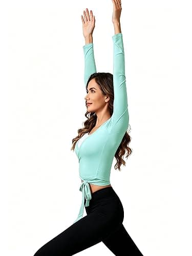 BJhaz Women's Pilates Wrap Tops V Neck Long Sleeve Yoga Workout Shirt | 2 Pack Set, Cross Front&Back Tie, Dance Outfits, Cover up Top, Bolero Shrug Cardigan thumbnail 7