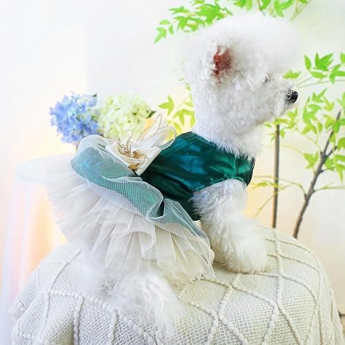 ANIAC Retro Dog Tulle Dress with Leash Ring Spring Summer Girl Puppy Clothes for Small Dog Cat Apparel Formal Pet Prom Dress for Christmas Wedding Birthday Valentines (Green,Medium) thumbnail 3