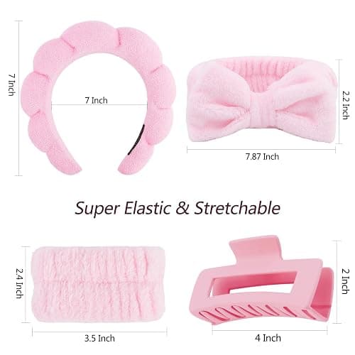 VELSCRUN Spa Headbands for Wash Face, Makeup Headband, Facial Skincare Headbands, 5 Pcs Pink Puffy Sponge Spa Headband Bow Tie Hair Band Hair Clips Wristband Set Women Girls Accessories thumbnail 7